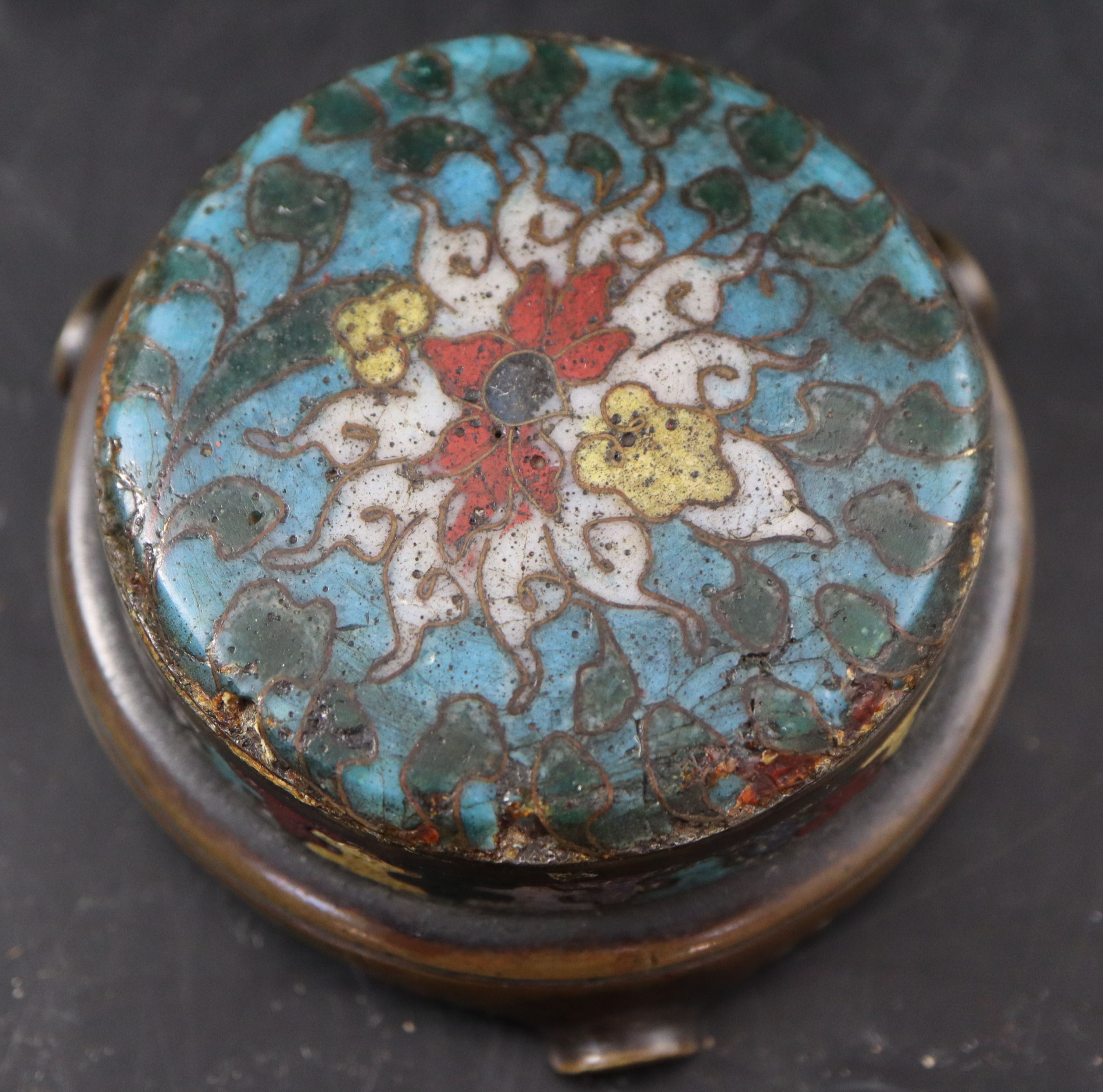 Two 18th century Chinese porcelain tea caddies, a cup and a Ming enamelled bronze lid